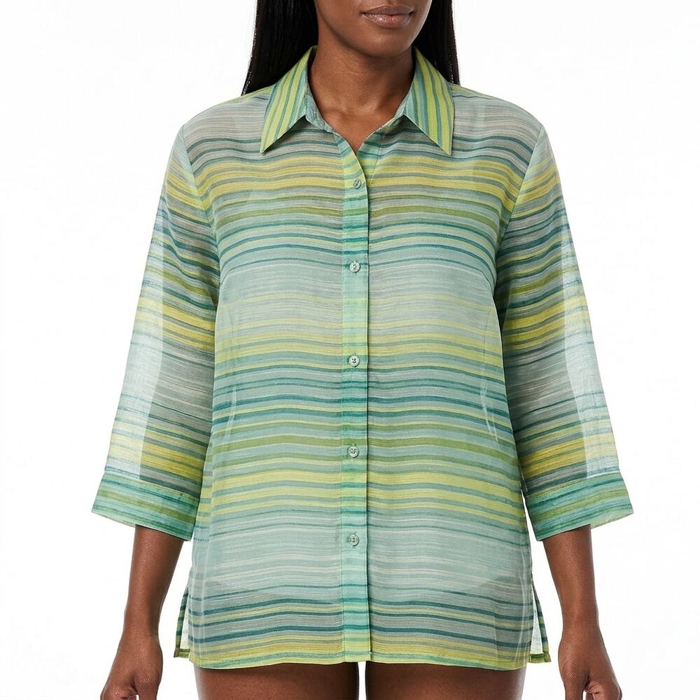 Dana Taylor Green Striped Relaxed Fit Lightweight Button-Up Shirt Women Size L